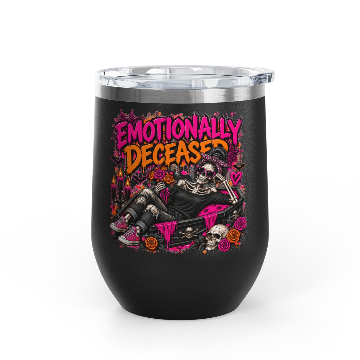 Emotionally Deceased 12oz Wine Tumbler | Dark Humor Gothic Stainless Steel Cup by Subbin4Sanity