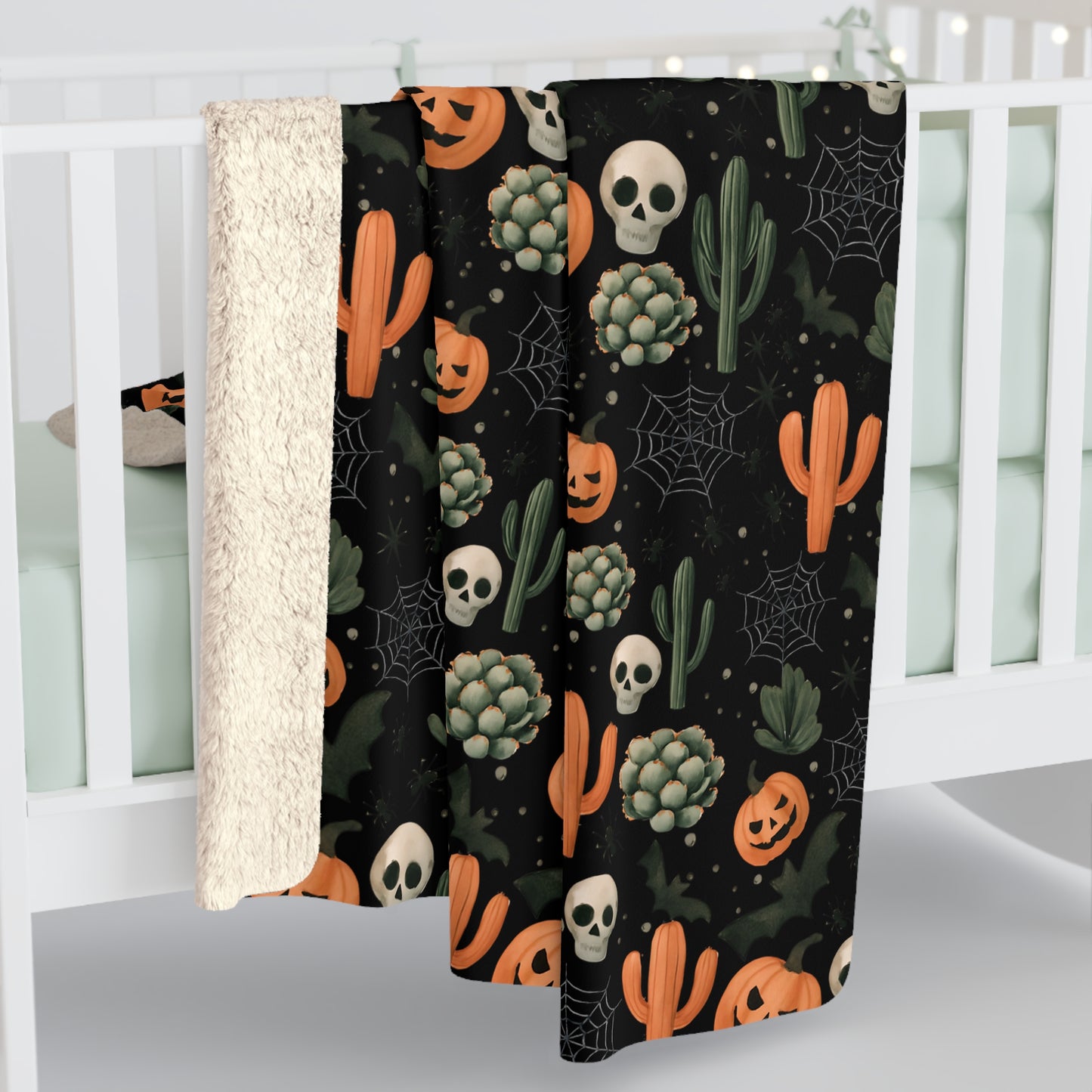 Black Boho Halloween Sherpa Fleece Blanket - Pumpkins, Spiders, Webs, Cactus, Cozy Fall Home Decor, Gothic Halloween Decor, Halloween