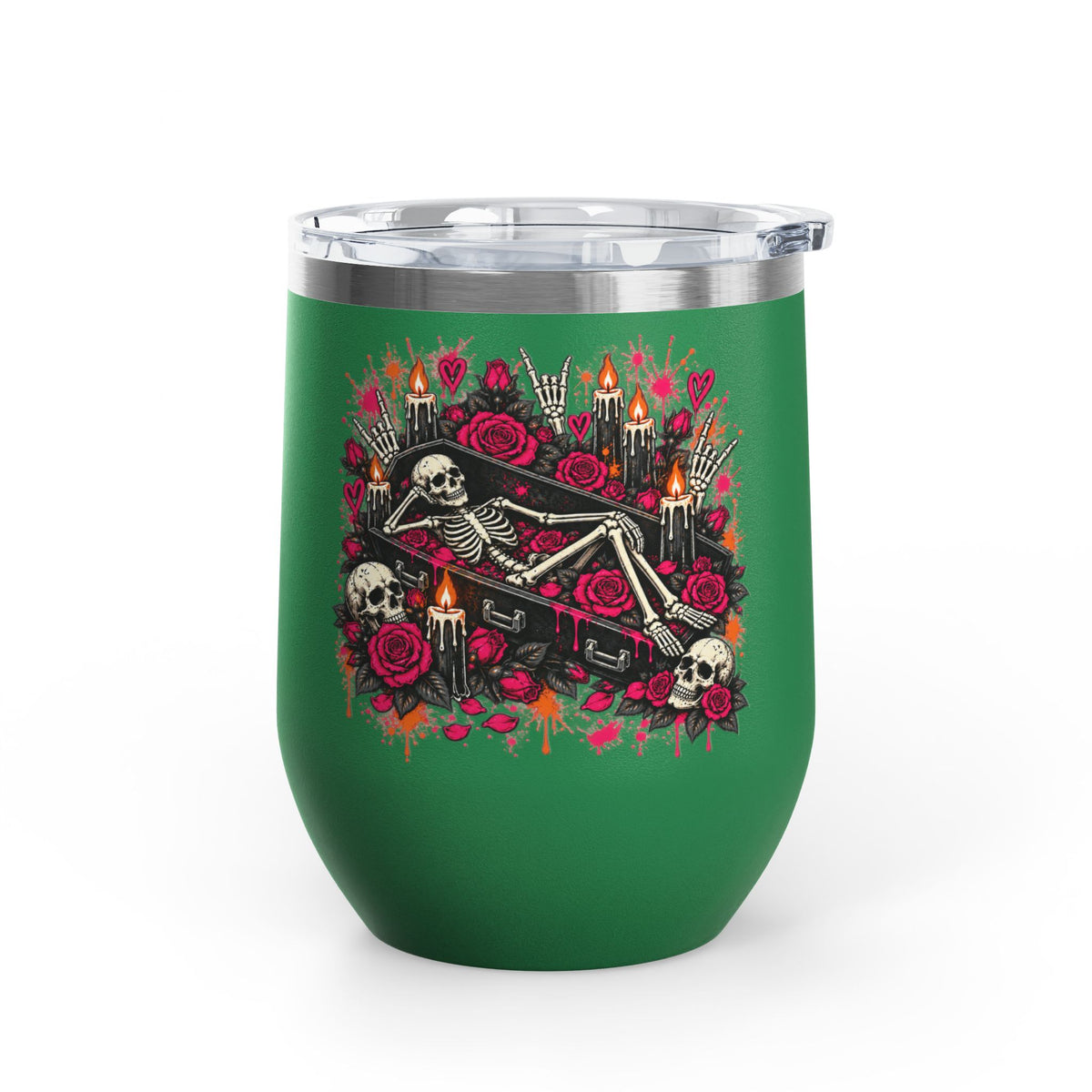 Dead & Unbothered 12oz Wine Tumbler | Gothic Skeleton Stainless Steel Cup by Subbin4Sanity