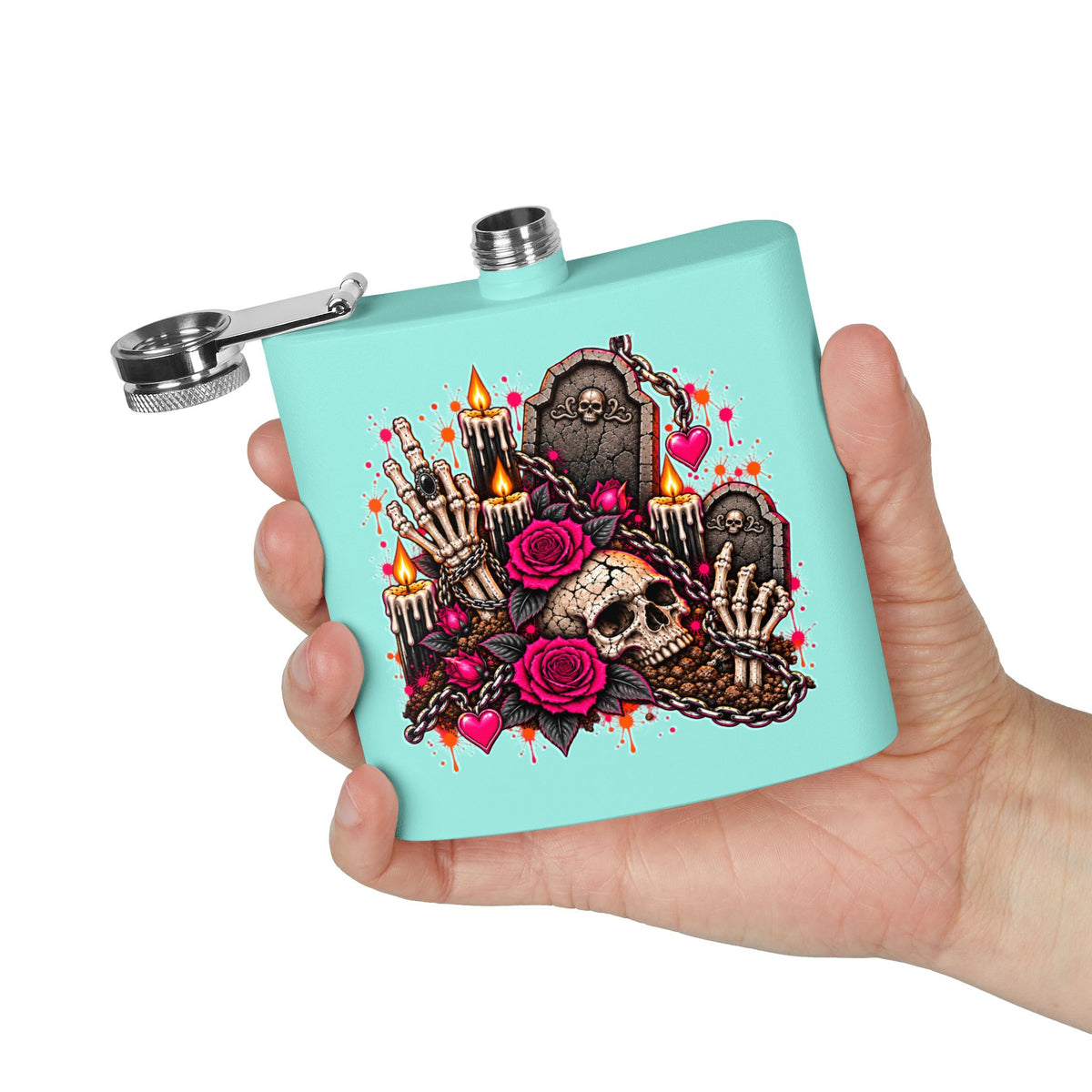 Dirt & Defiance 6oz Stainless Steel Flask | Gothic Coffin & Skull Drinking Flask by Subbin4Sanity