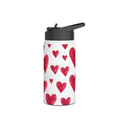 Red Watercolor Heart Patterned Stainless Steel Valentines Water Bottle — Valentine's Day Water Bottle
