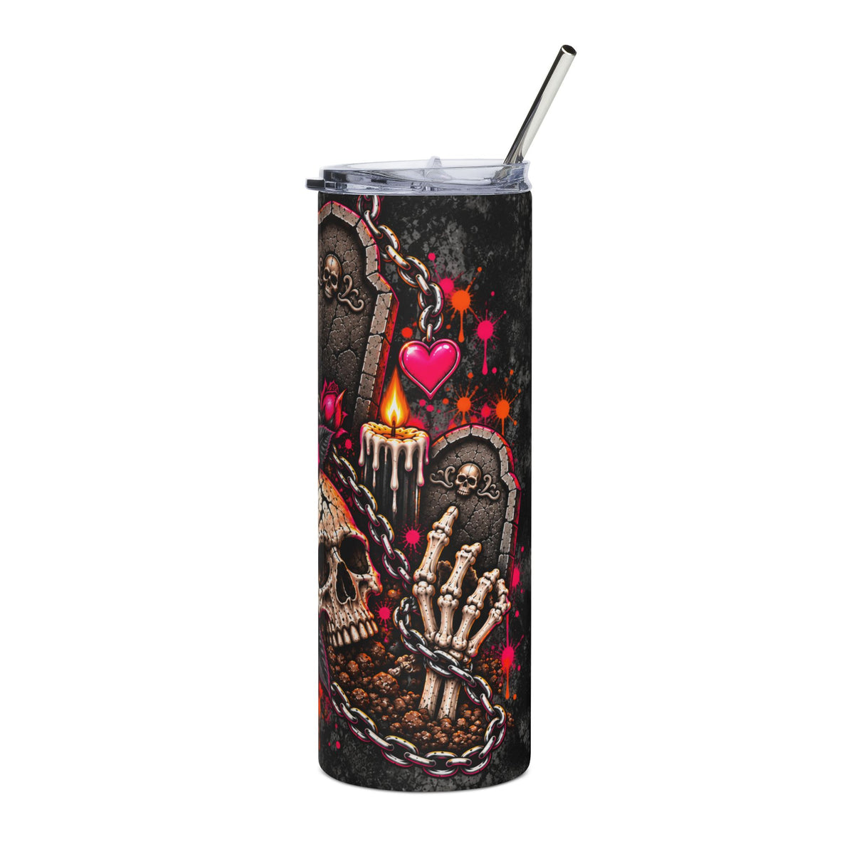 Dirt & Defiance 20oz Stainless Steel Tumbler | Gothic Skull & Coffin Travel Cup by Subbin4Sanity