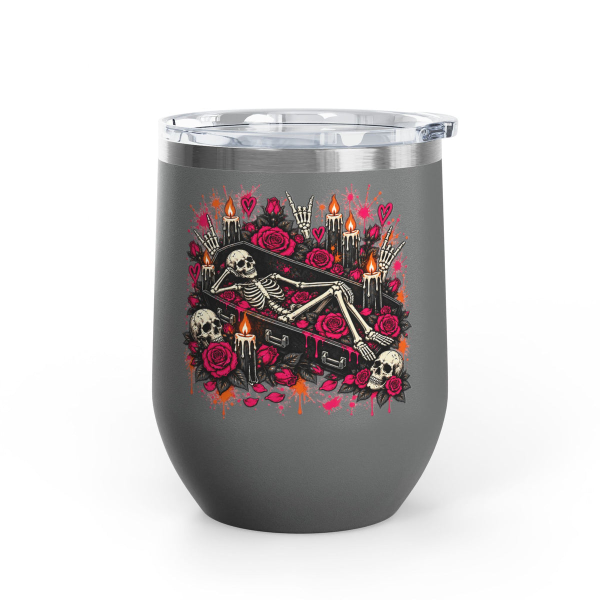 Dead & Unbothered 12oz Wine Tumbler | Gothic Skeleton Stainless Steel Cup by Subbin4Sanity