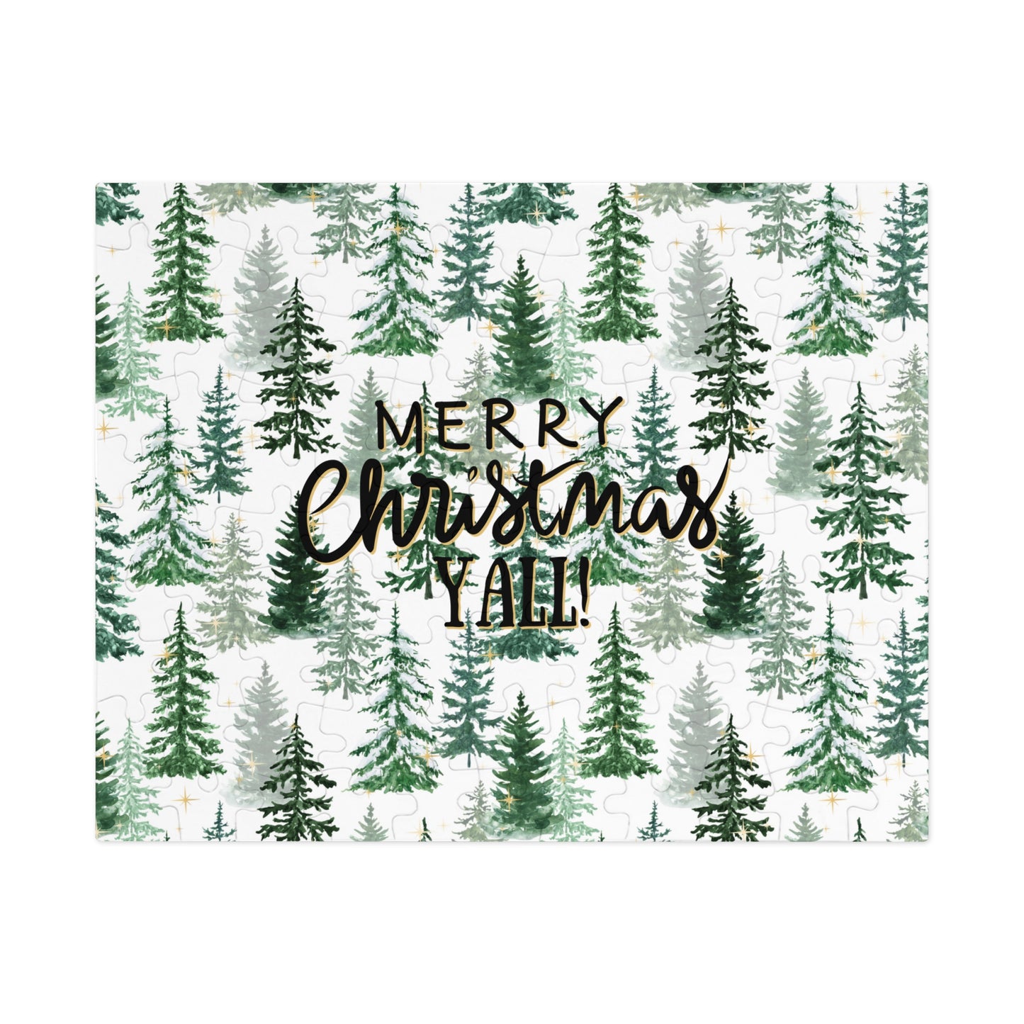 "Merry Christmas Yall!" Puzzle with Tin Box with Christmas Tree Background