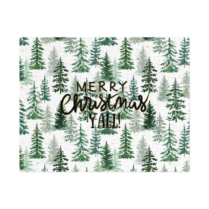 "Merry Christmas Yall!" Puzzle with Tin Box with Christmas Tree Background
