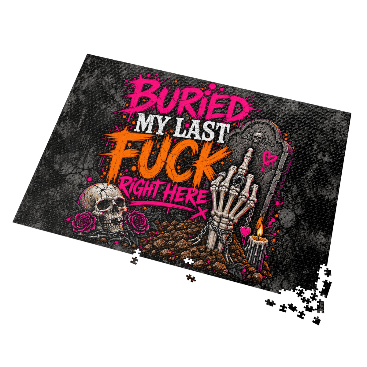I Buried My Last Fuck Right Here Halloween Jigsaw Puzzle | Sarcastic Gothic Skull Puzzle by Subbin4Sanity