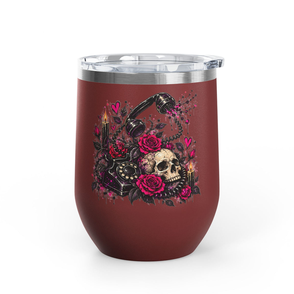 Karma’s Calling 12oz Wine Tumbler | Gothic Skull & Telephone Stainless Steel Cup by Subbin4Sanity