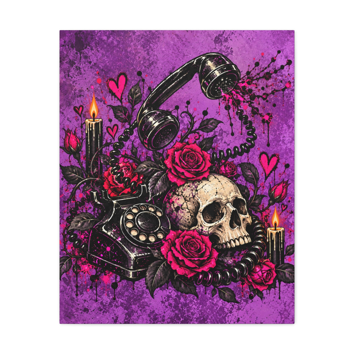 Karma’s Calling Halloween Canvas | Gothic Skull, Roses & Vintage Phone Wall Art by Subbin4Sanity
