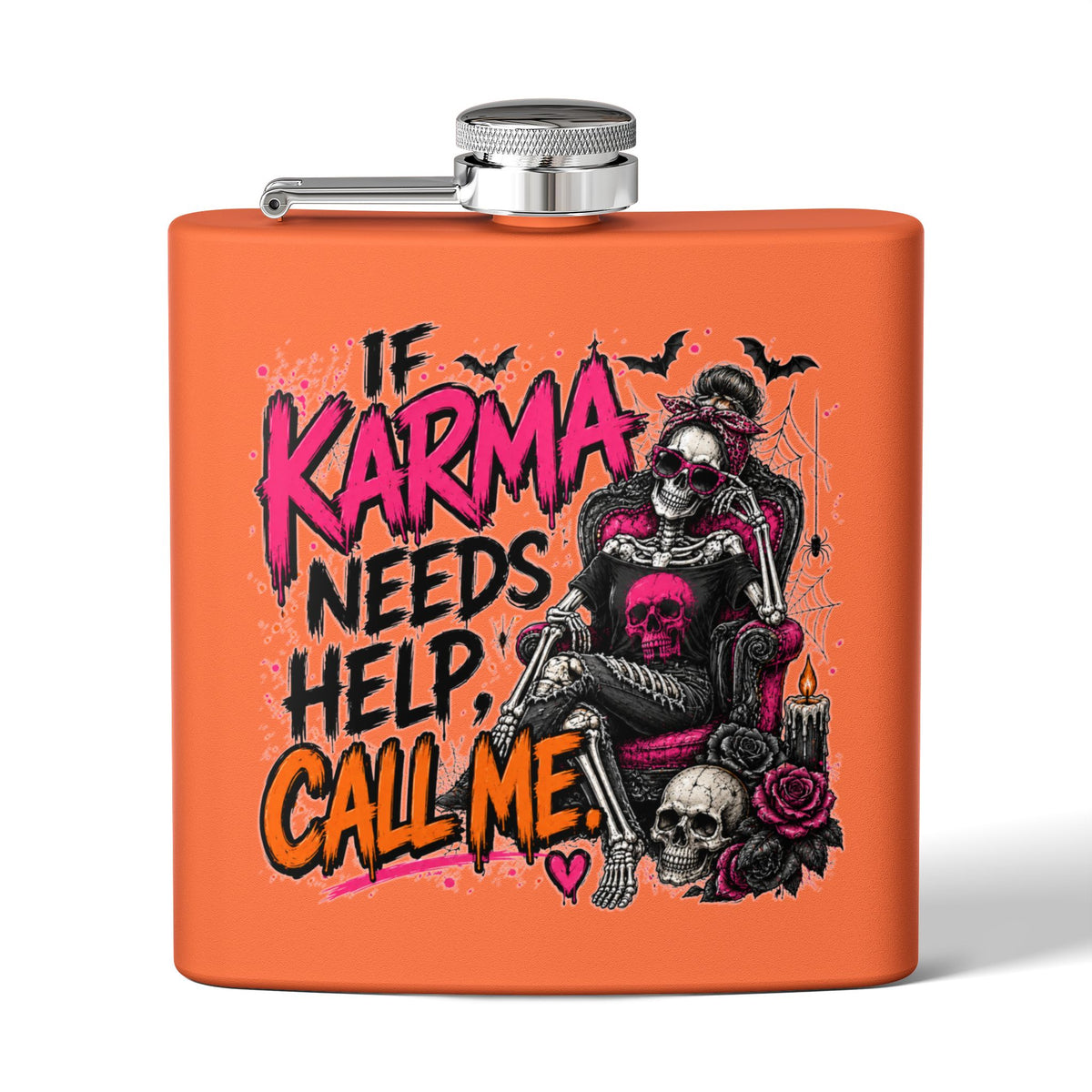 If Karma Needs Help, Call Me 6oz Stainless Steel Flask | Sarcastic Gothic Drinking Flask by Subbin4Sanity