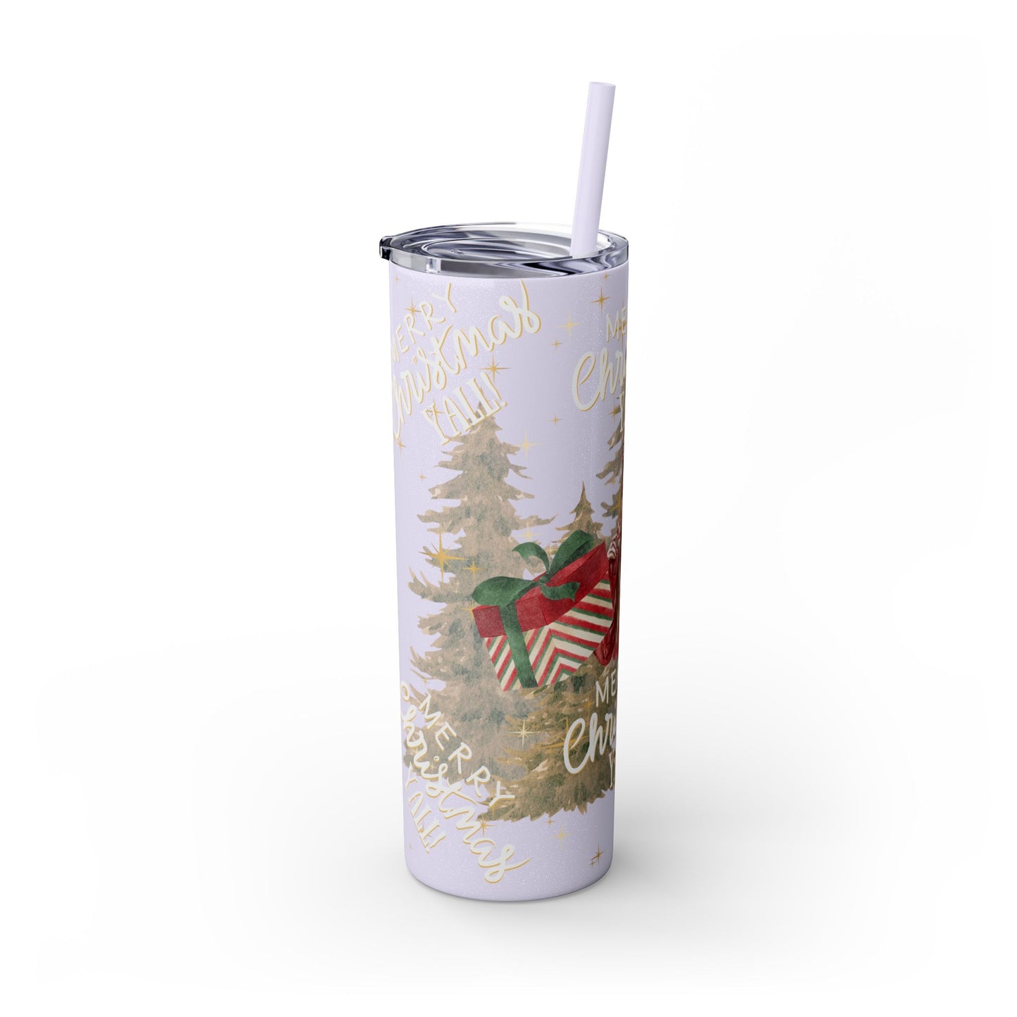 Christmas Skinny Tumbler with Straw, 20oz, "Merry Christmas Yall/I'm a gift"