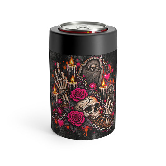 Dirt & Defiance 12oz Insulated Stainless Steel Koozie | Gothic Skull & Coffin Can Holder by Subbin4Sanity