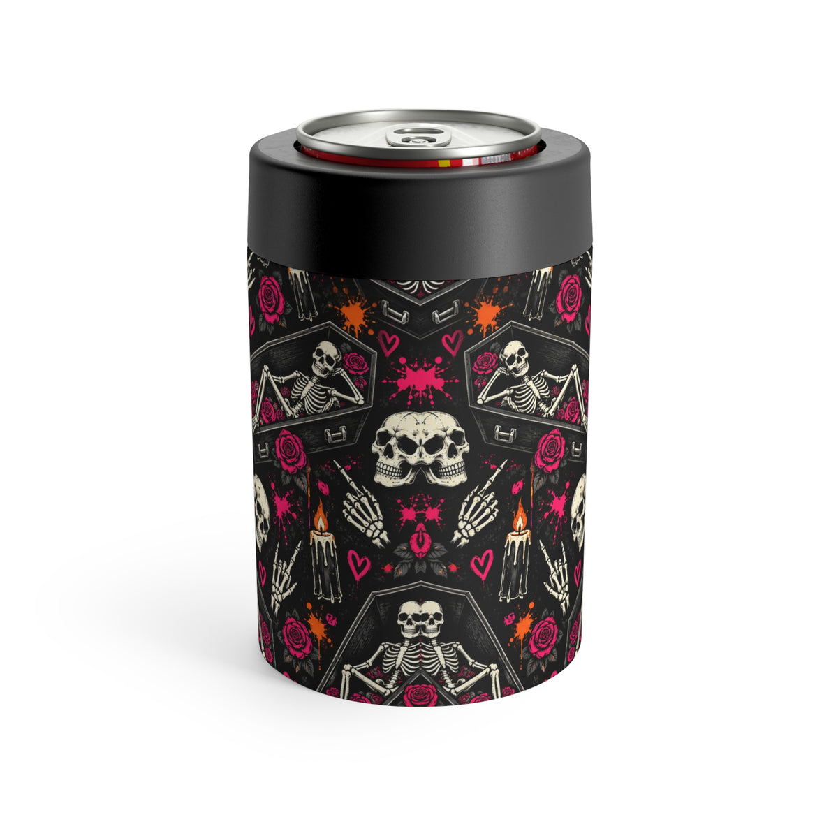 Dead & Unbothered Pattern 12oz Insulated Stainless Steel Koozie | Gothic Skeleton Can Holder by Subbin4Sanity
