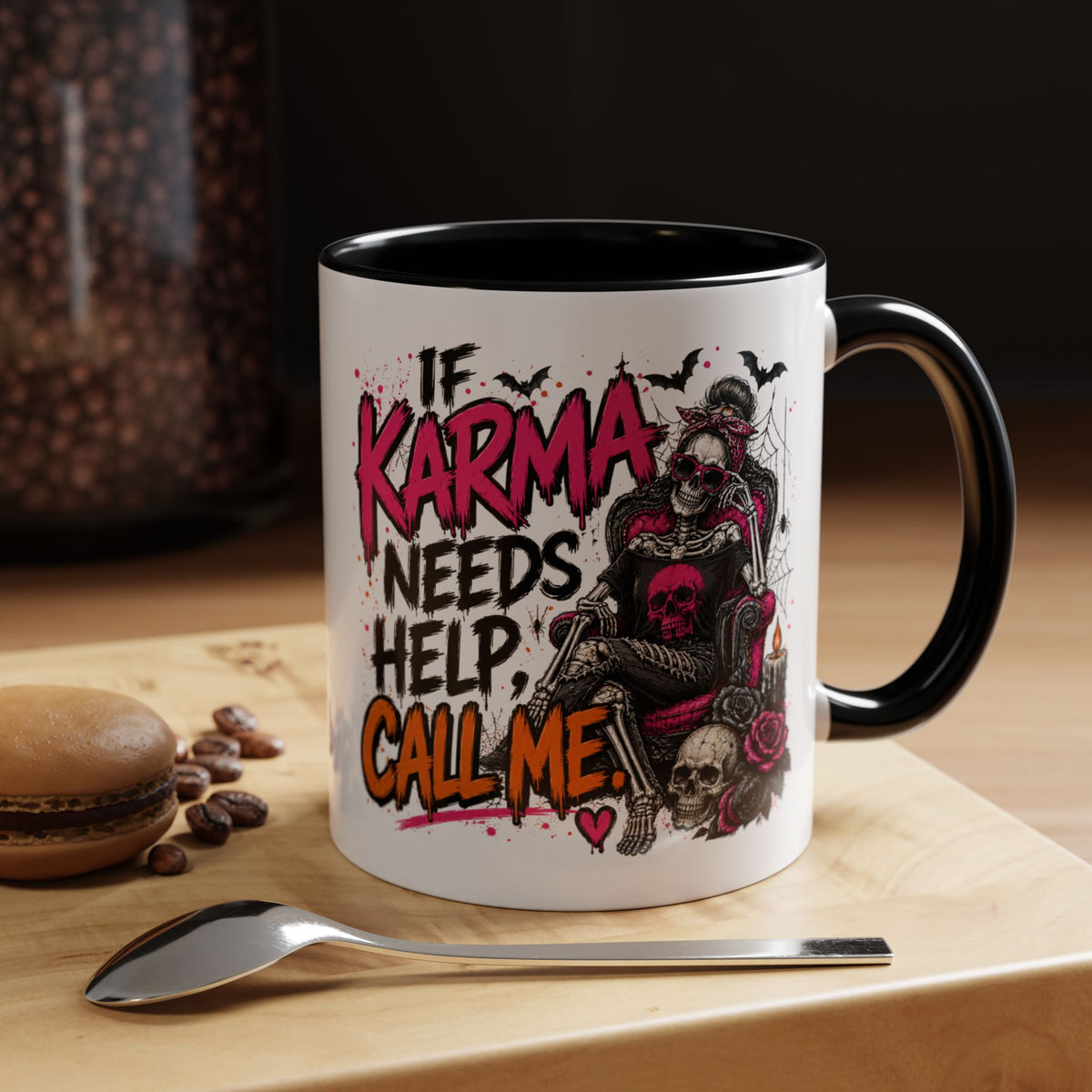 If Karma Needs Help Call Me Coffee Mug | Sarcastic Gothic Ceramic Mug by Subbin4Sanity