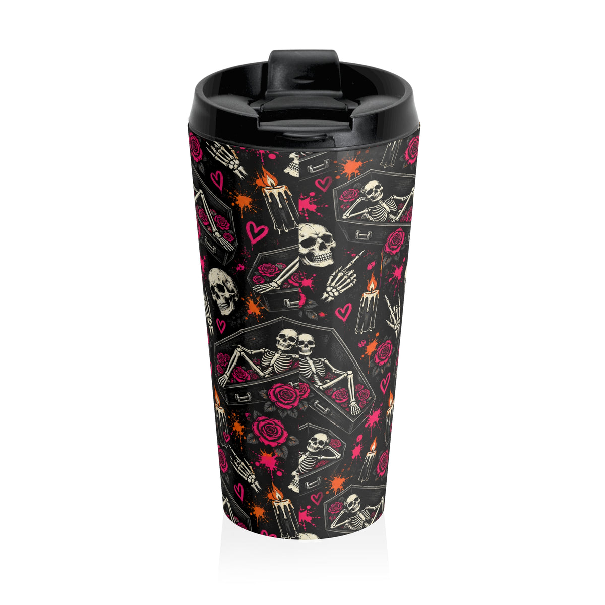 Dead & Unbothered 15oz Stainless-Steel Coffee Mug | Gothic Skeleton & Coffin Travel Mug by Subbin4Sanity