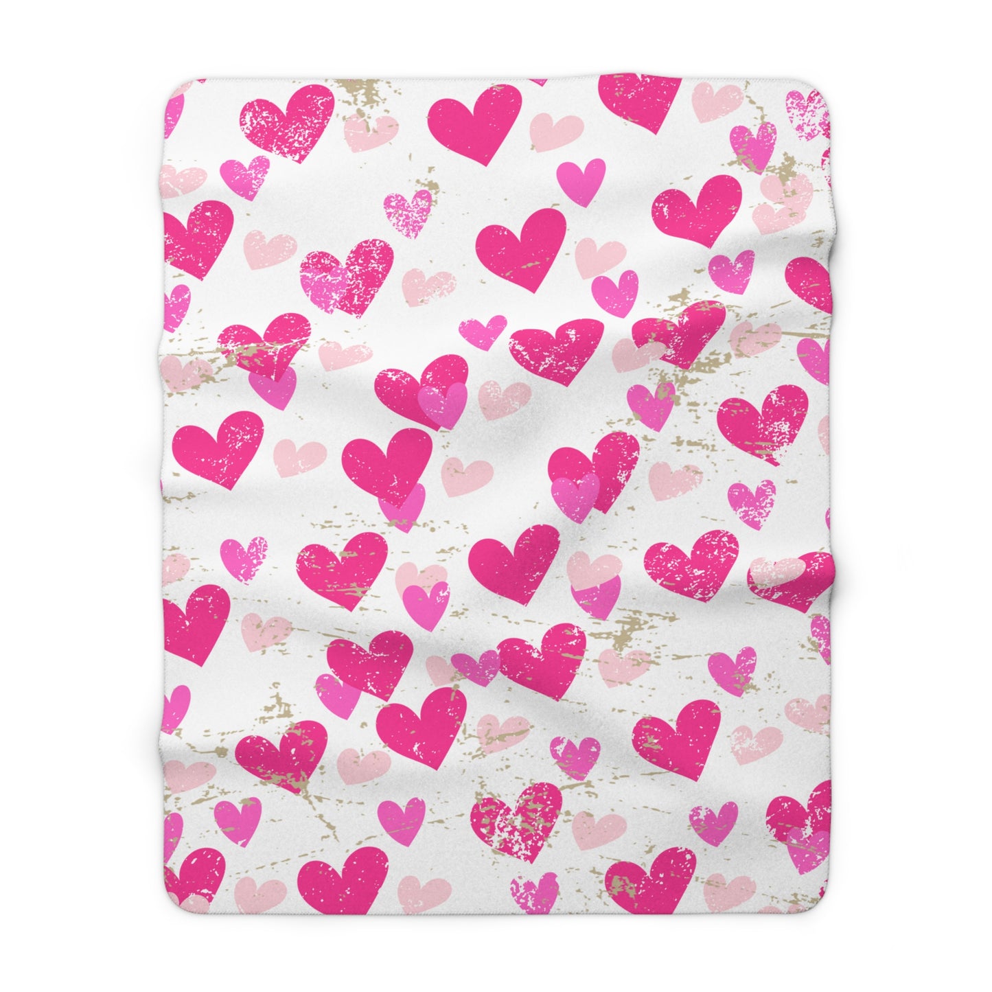 White Valentine’s sherpa fleece blanket with pink distressed heart pattern