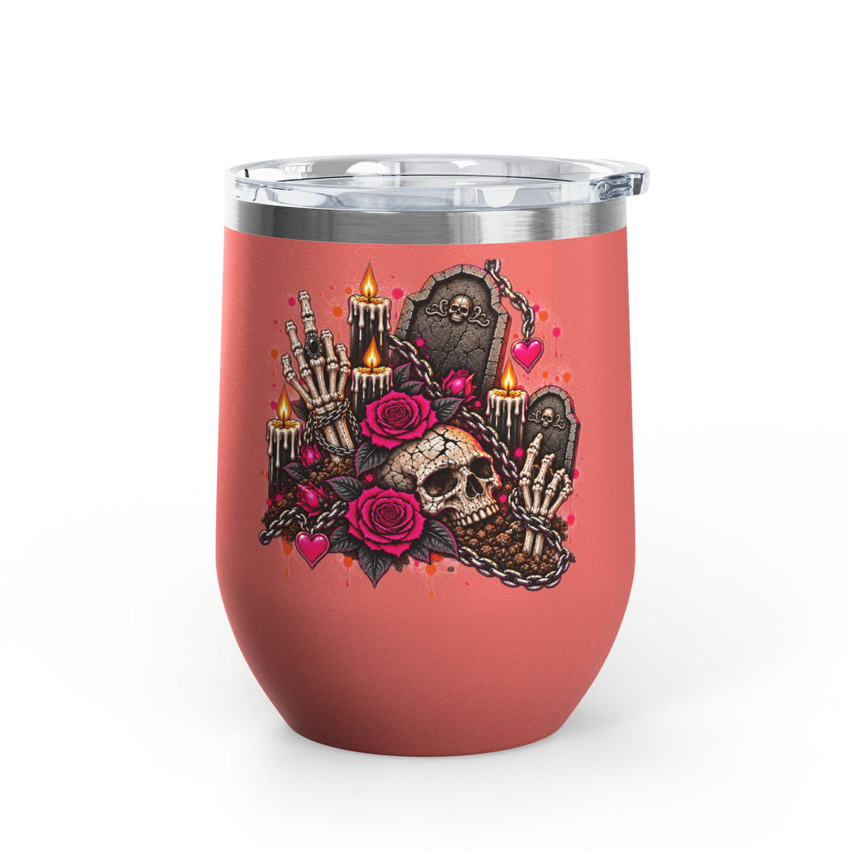 Dirt & Defiance 12oz Wine Tumbler | Gothic Skull & Coffin Stainless Steel Cup by Subbin4Sanity