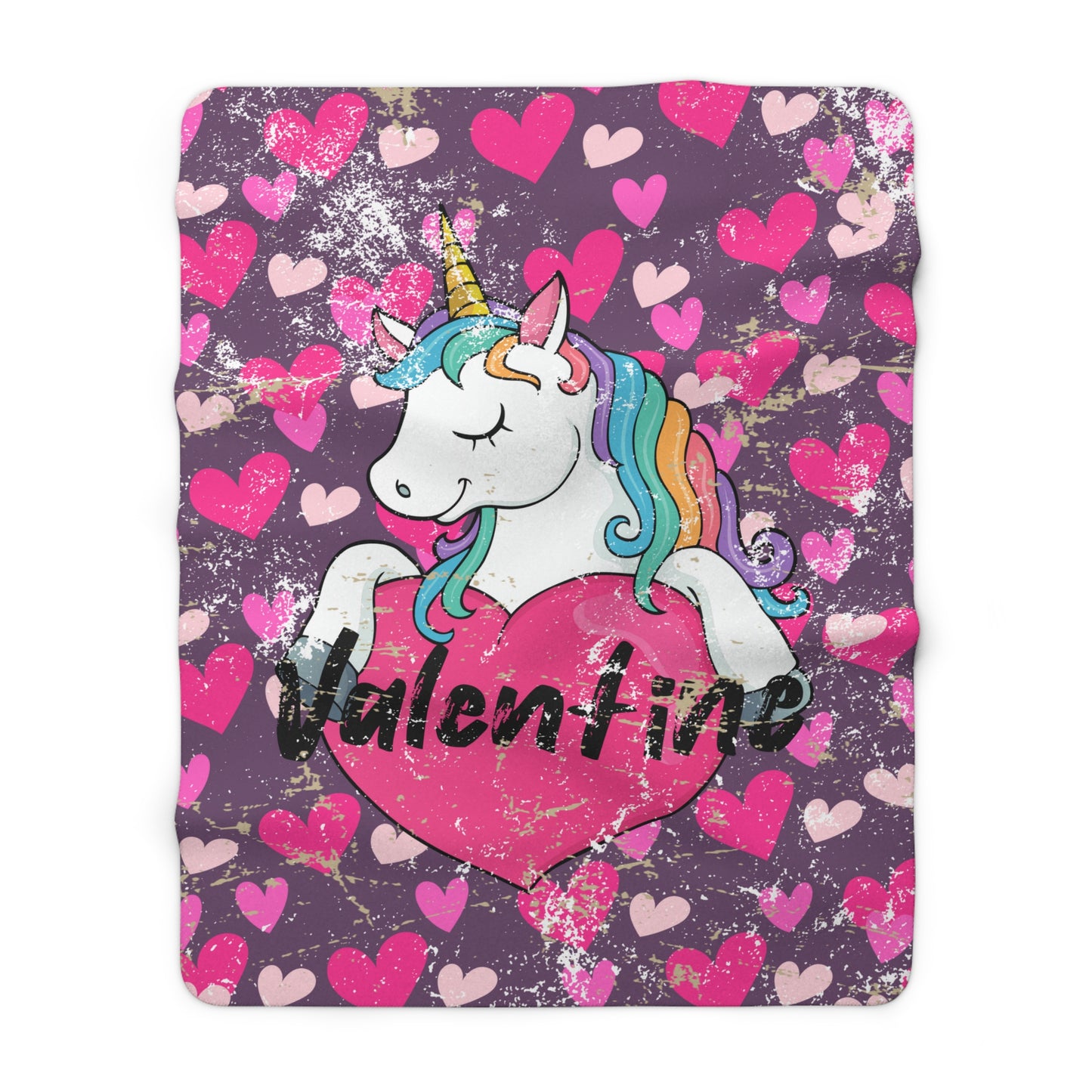 Purple Valentine’s unicorn sherpa fleece blanket with pink hearts