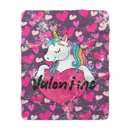 Purple Valentine’s unicorn sherpa fleece blanket with pink hearts