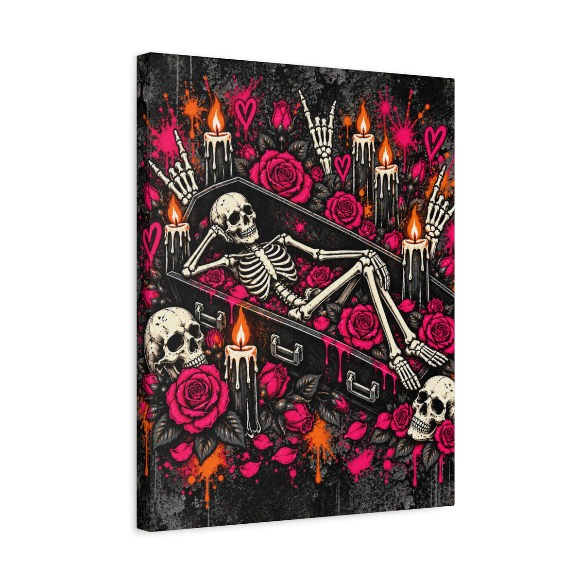 Dead & Unbothered Halloween Canvas | Gothic Skeleton, Coffin & Rose Wall Art by Subbin4Sanity