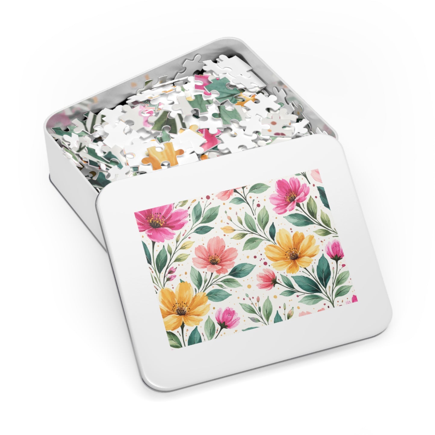 Watercolor Wildflower Garden Pattern – Splatter Bloom Collection – Puzzle & Tin Storage Box