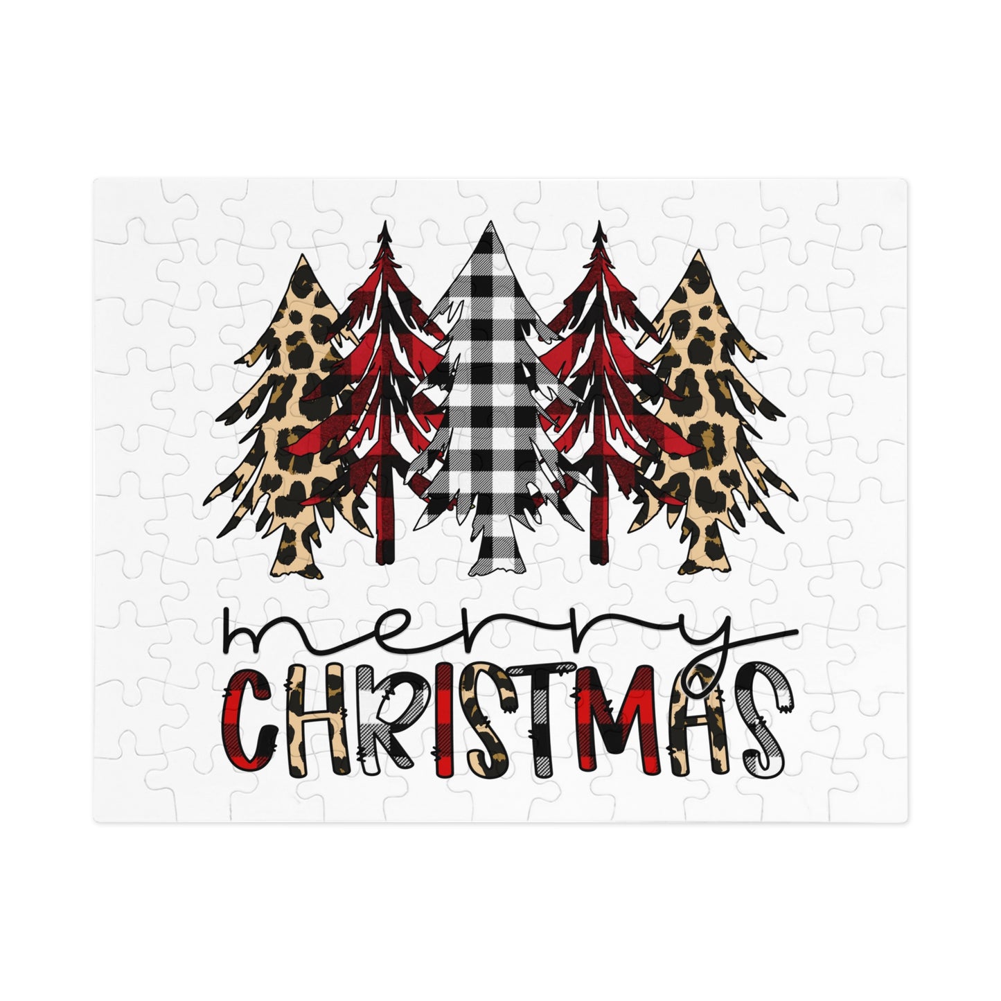 Merry Christmas Jigsaw Puzzle with Tin — Buffalo Plaid & Leopard Trees Merry Christmas Holiday Design