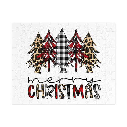 Merry Christmas Jigsaw Puzzle with Tin — Buffalo Plaid & Leopard Trees Merry Christmas Holiday Design