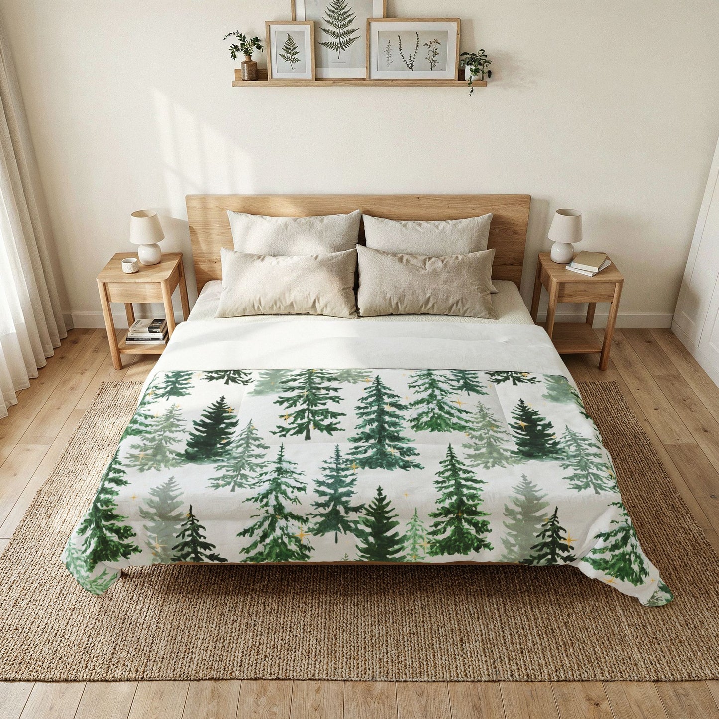 Winter Woods Comforter Blanket | Christmas Pine Forest Cotton Comforter – Green Watercolor Evergreen Bedding by Subbin4Sanity