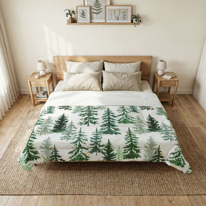 Winter Woods Comforter Blanket | Christmas Pine Forest Cotton Comforter – Green Watercolor Evergreen Bedding by Subbin4Sanity