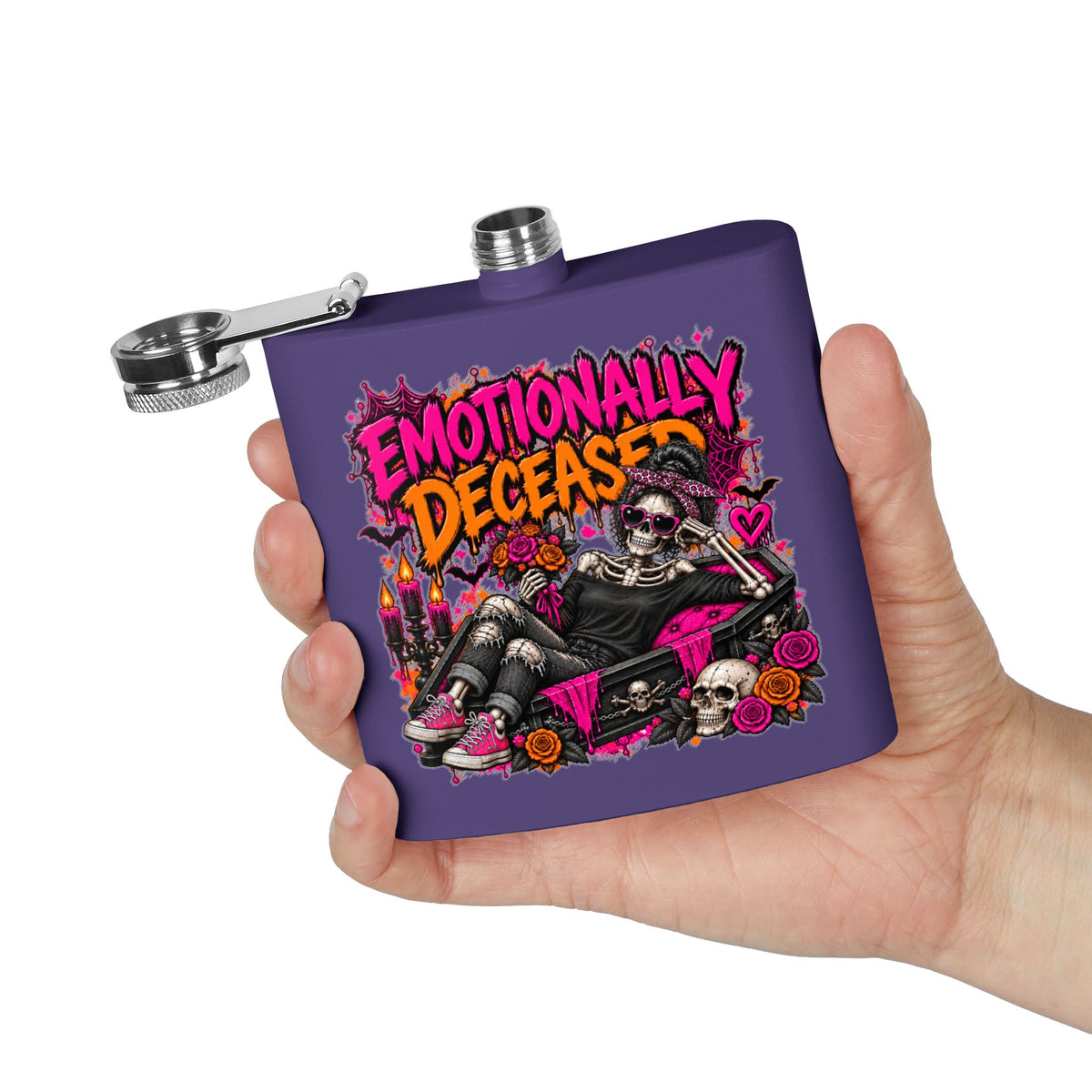 Emotionally Deceased 6oz Stainless Steel Flask | Dark Humor Gothic Drinking Flask by Subbin4Sanity