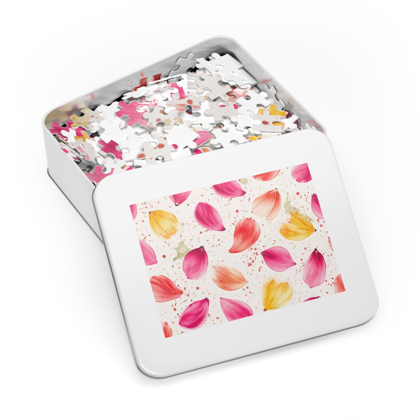 Watercolor Spring Petals Pattern – Splatter Bloom Collection – Puzzle & Tin Storage Box