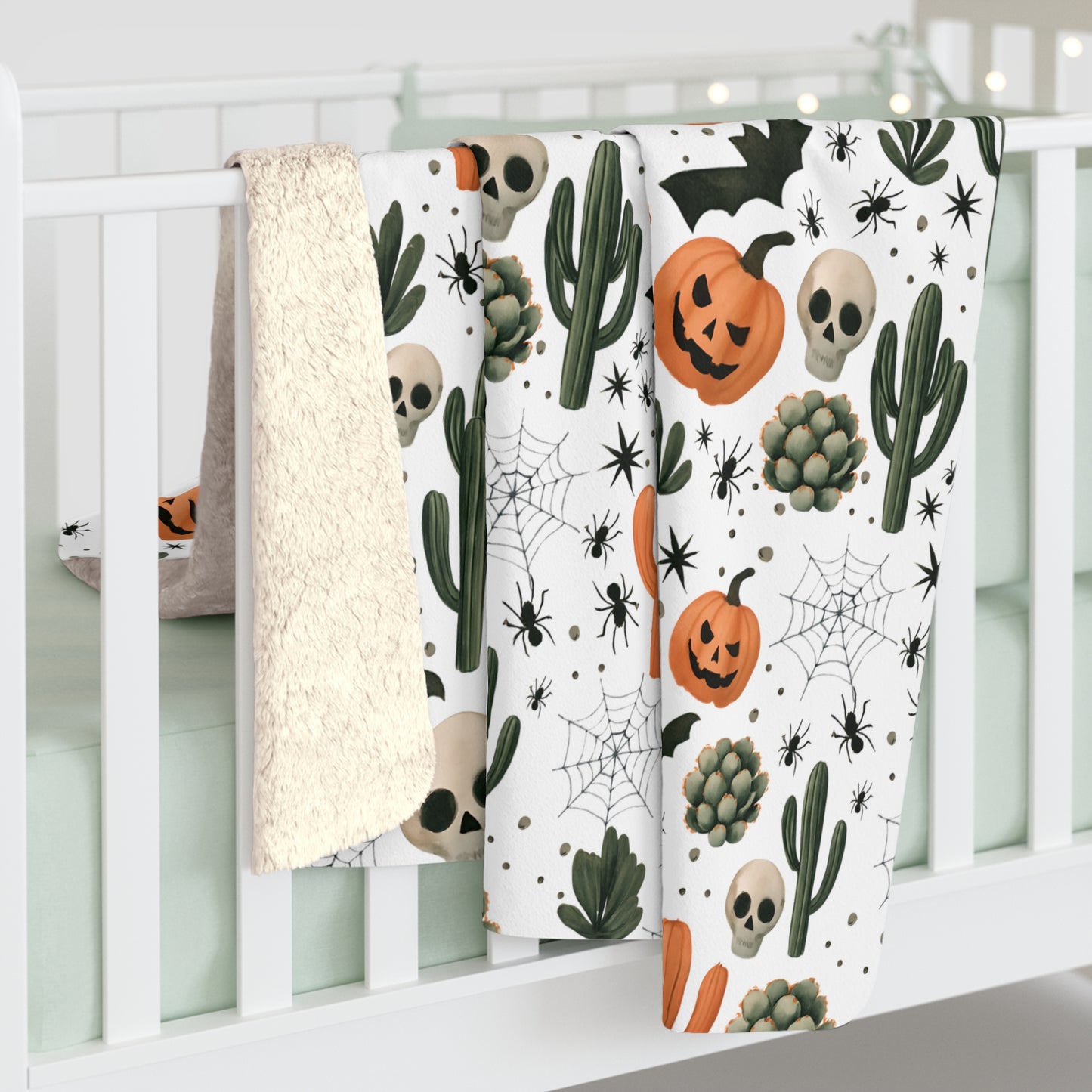 Fall Throw Blanket, Halloween Decor, Sherpa Fleece Blanket, Boho Autumn Home Decor, Spooky Cozy Bedding, Pumpkin Spider Bat Cactus Design