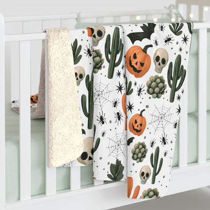 Fall Throw Blanket, Halloween Decor, Sherpa Fleece Blanket, Boho Autumn Home Decor, Spooky Cozy Bedding, Pumpkin Spider Bat Cactus Design
