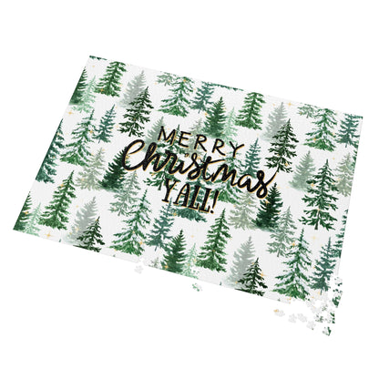 "Merry Christmas Yall!" Puzzle with Tin Box with Christmas Tree Background