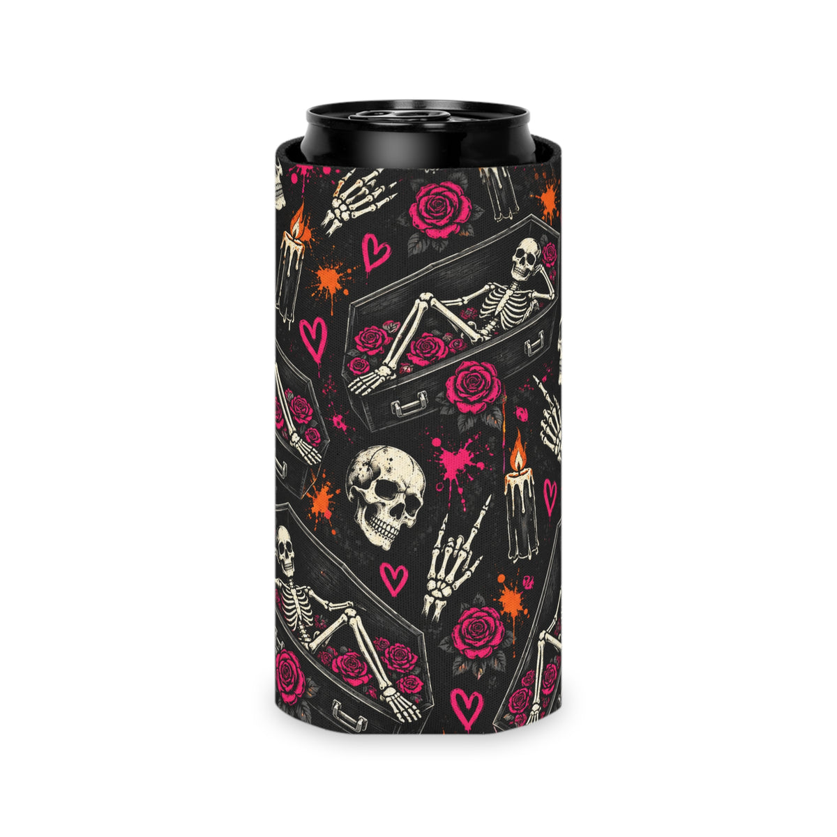 Dead & Unbothered Pattern Foam Grip Koozie | Gothic Skeleton Can Cooler by Subbin4Sanity