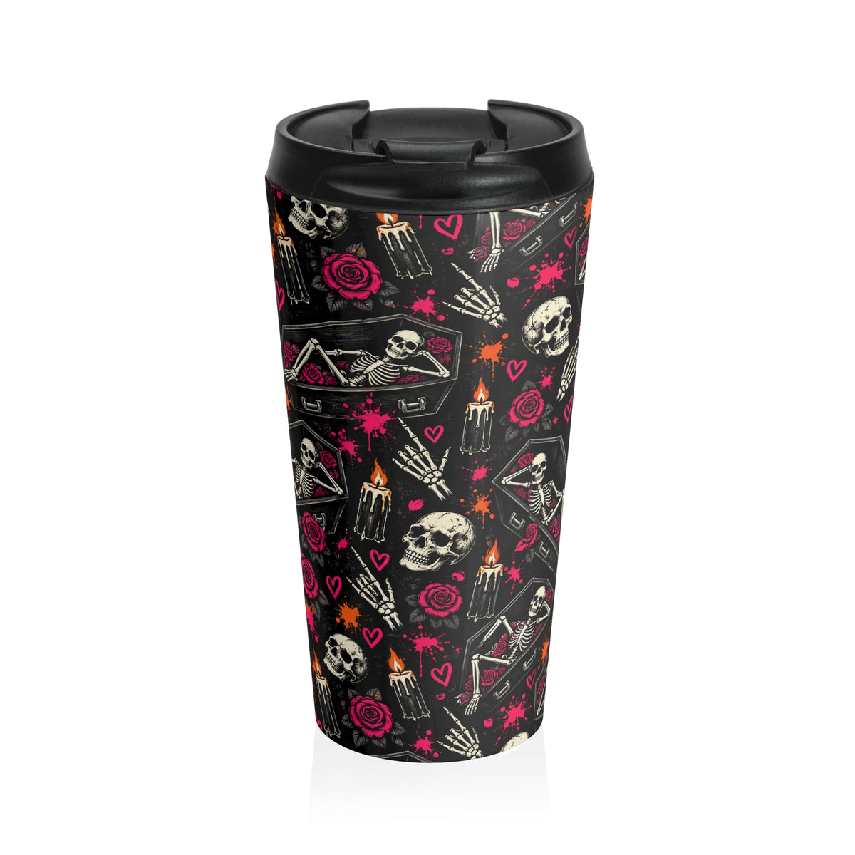 Dead & Unbothered 15oz Stainless-Steel Coffee Mug | Gothic Skeleton & Coffin Travel Mug by Subbin4Sanity