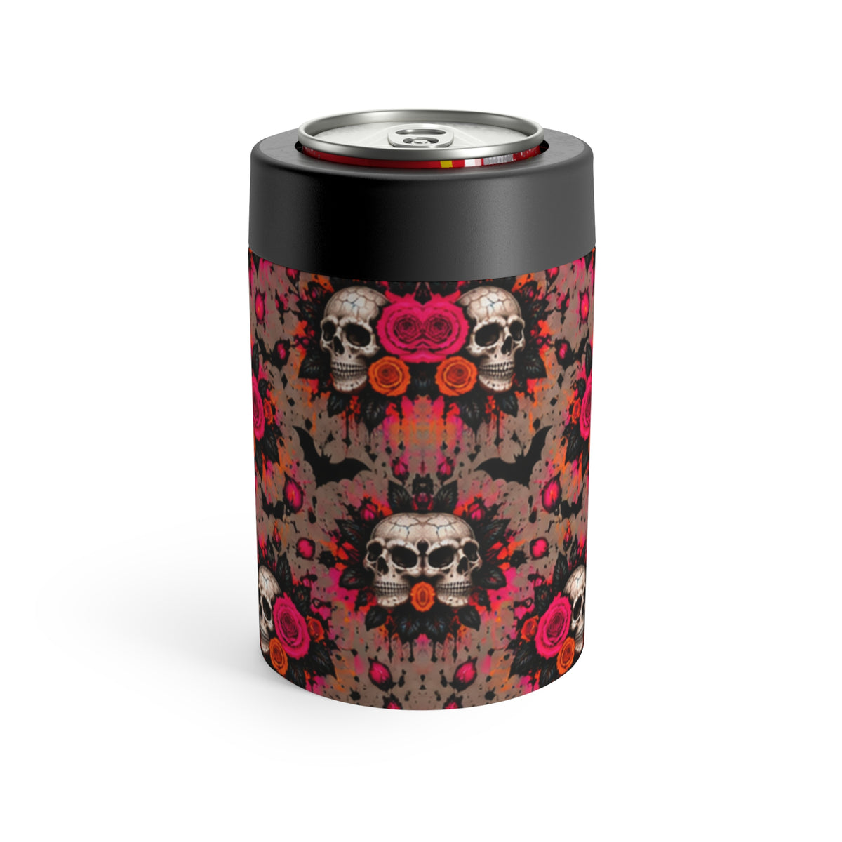 Deadly Blooms Pattern 12oz Insulated Stainless Steel Koozie | Gothic Floral Skull Can Holder by Subbin4Sanity