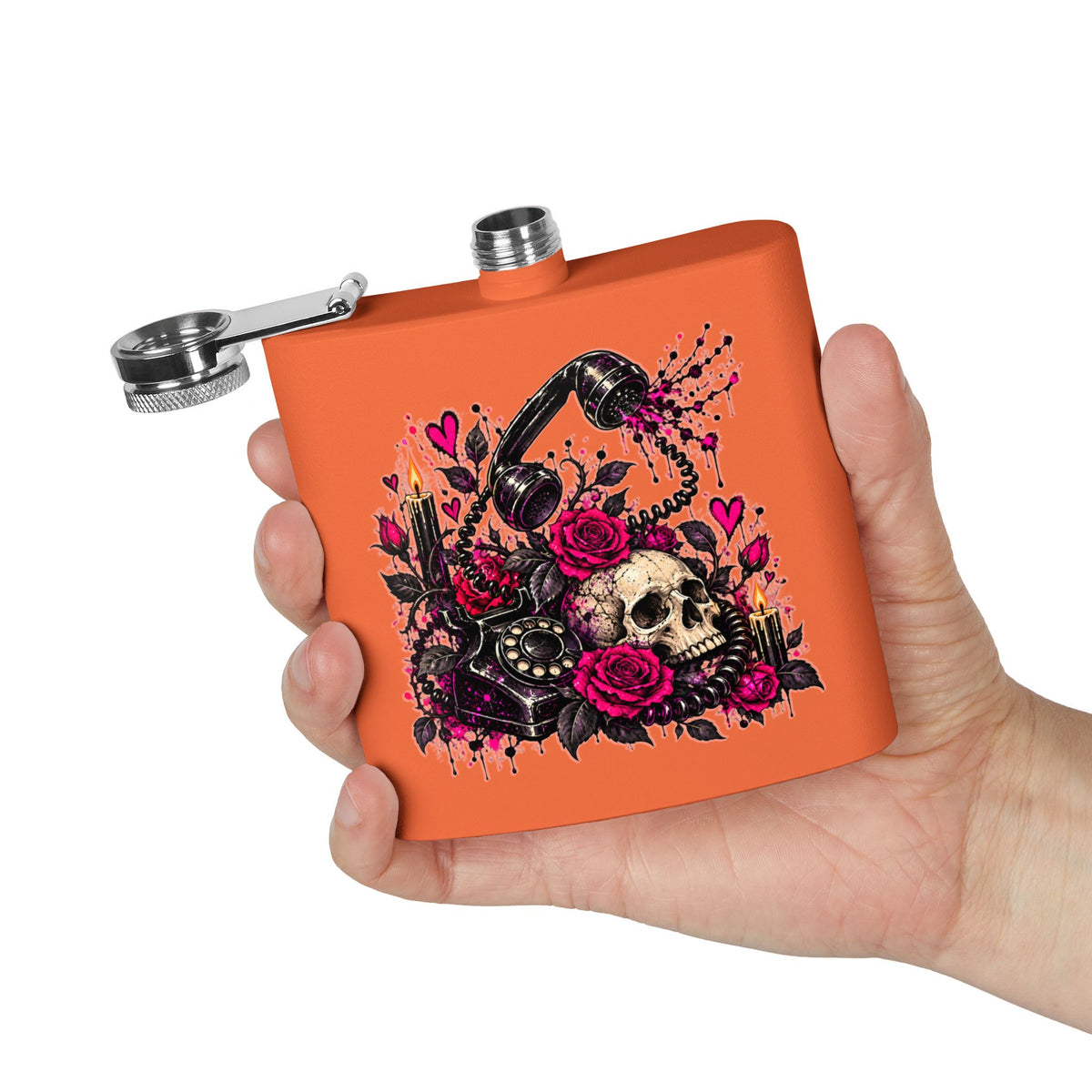 Karma’s Calling 6oz Stainless Steel Flask | Gothic Skull & Telephone Drinking Flask by Subbin4Sanity