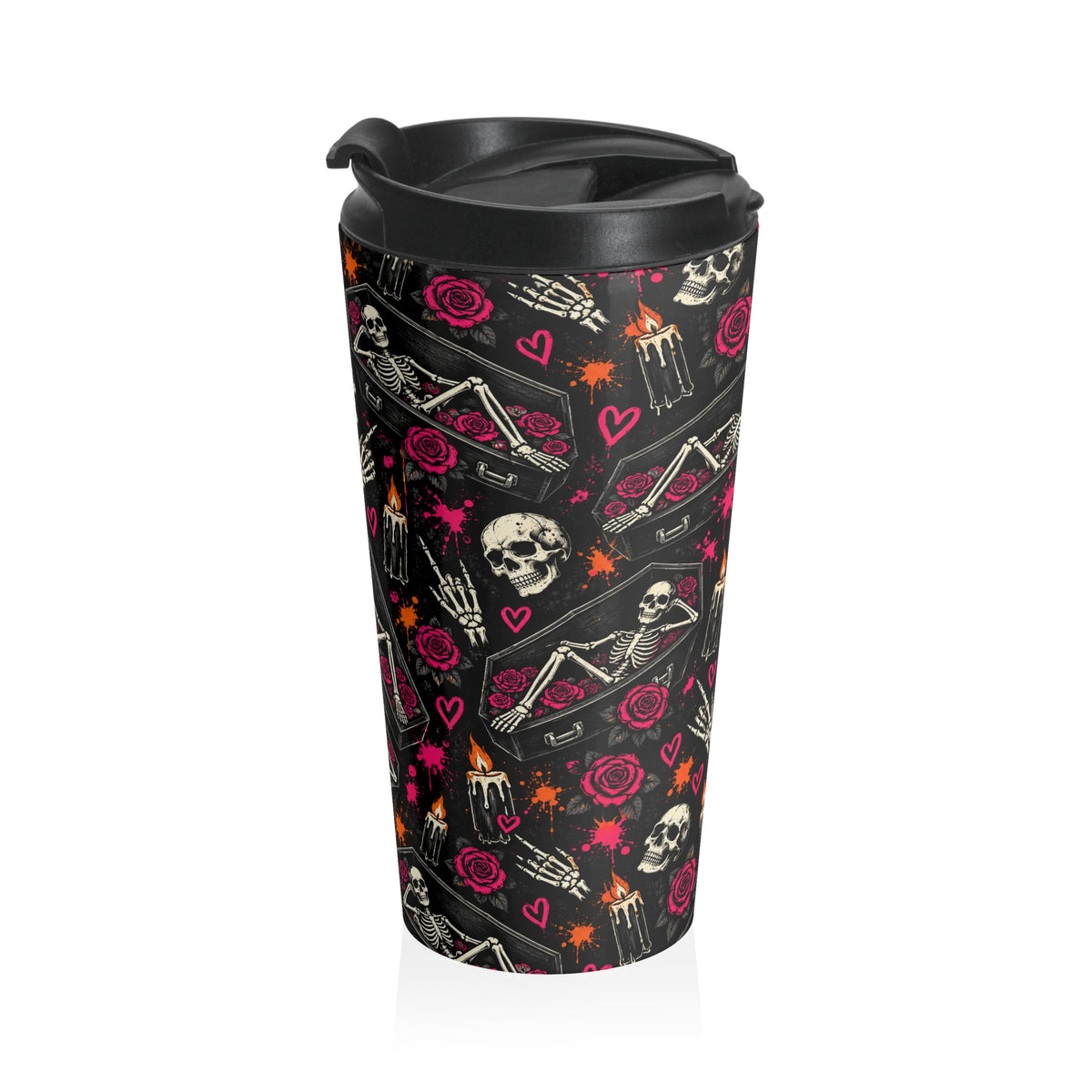 Dead & Unbothered 15oz Stainless-Steel Coffee Mug | Gothic Skeleton & Coffin Travel Mug by Subbin4Sanity