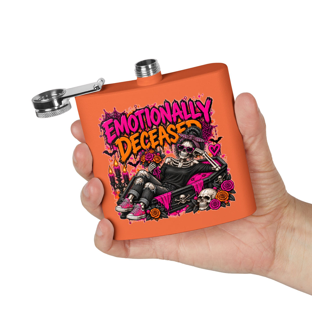 Emotionally Deceased 6oz Stainless Steel Flask | Dark Humor Gothic Drinking Flask by Subbin4Sanity