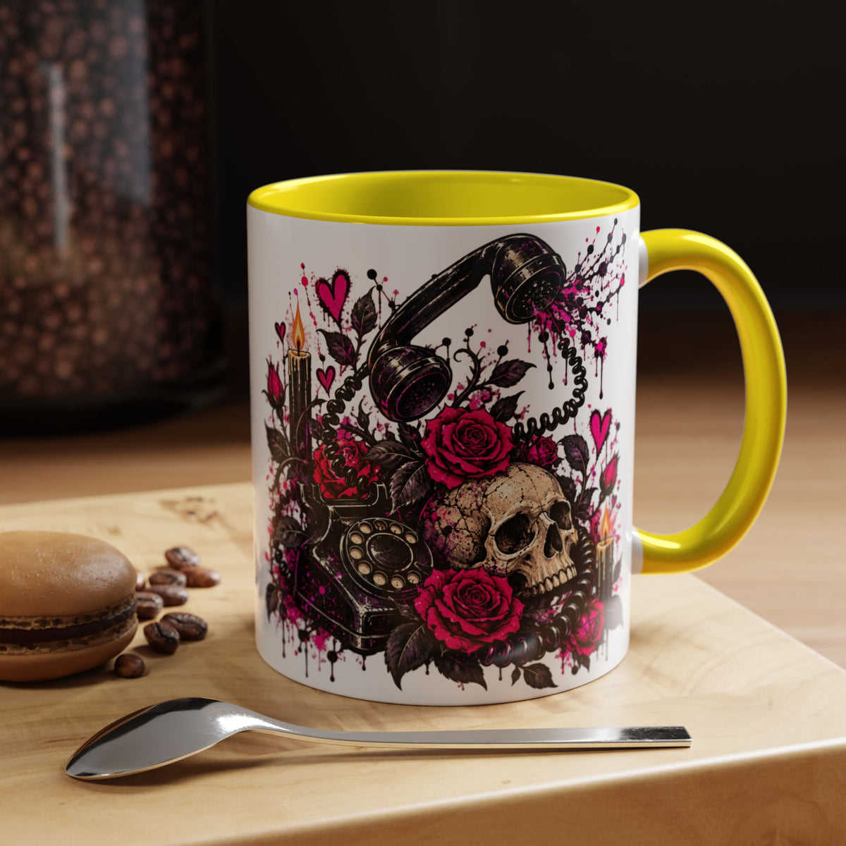 Karma’s Calling Coffee Mug | Gothic Skull & Telephone Ceramic Mug by Subbin4Sanity