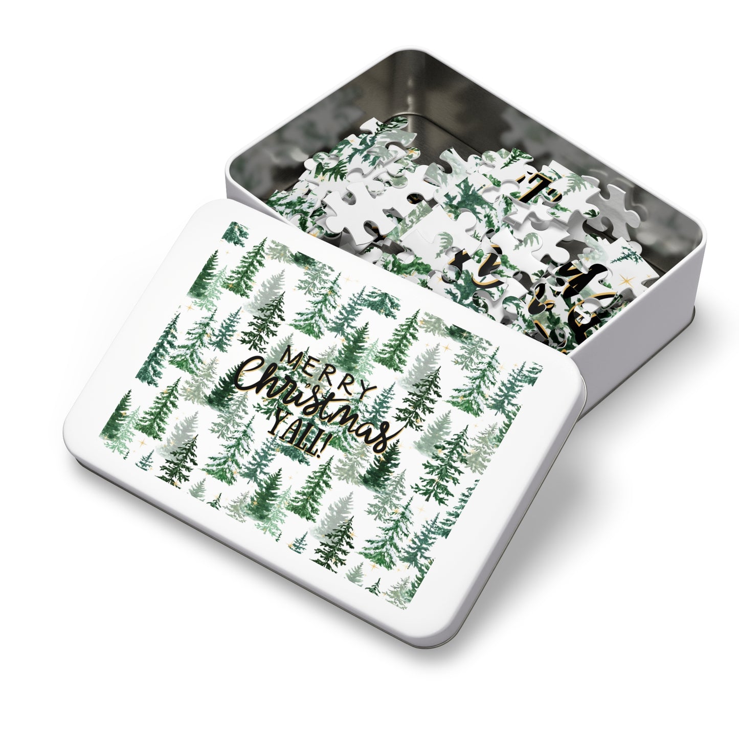 "Merry Christmas Yall!" Puzzle with Tin Box with Christmas Tree Background