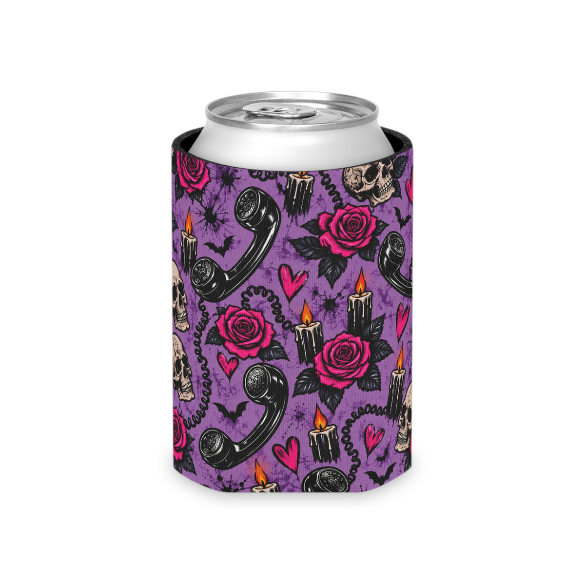 Karma’s Calling Pattern Foam Grip Koozie | Gothic Telephone & Rose Can Cooler by Subbin4Sanity