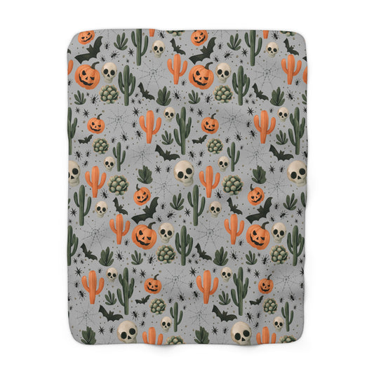Boho Halloween Sherpa Fleece Blanket, Pumpkin Spider Bat Cactus Decor, Fall Home Decor, Cozy Warm Throw, Halloween Gift, Bohemian Blanket,