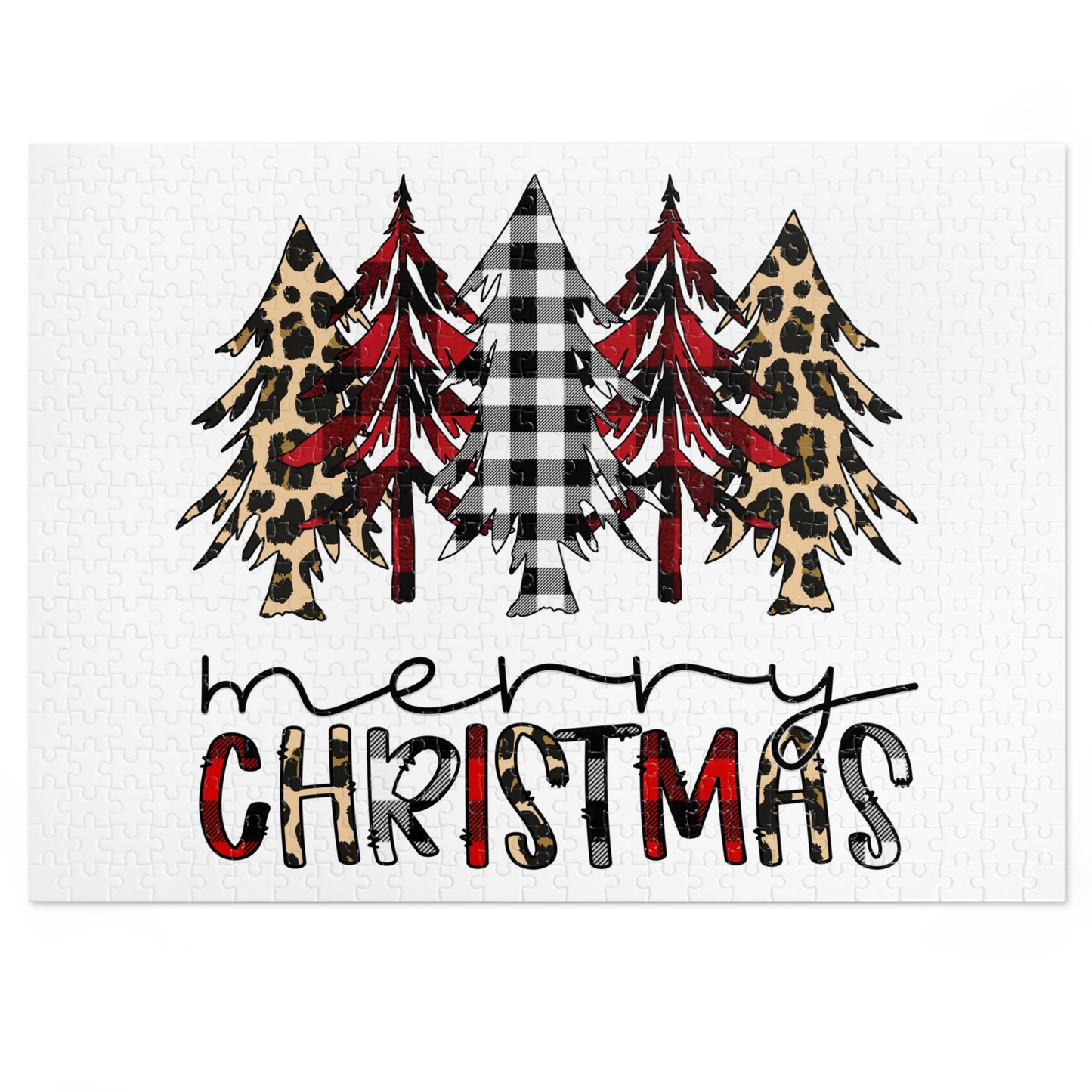 Merry Christmas Jigsaw Puzzle with Tin — Buffalo Plaid & Leopard Trees Merry Christmas Holiday Design