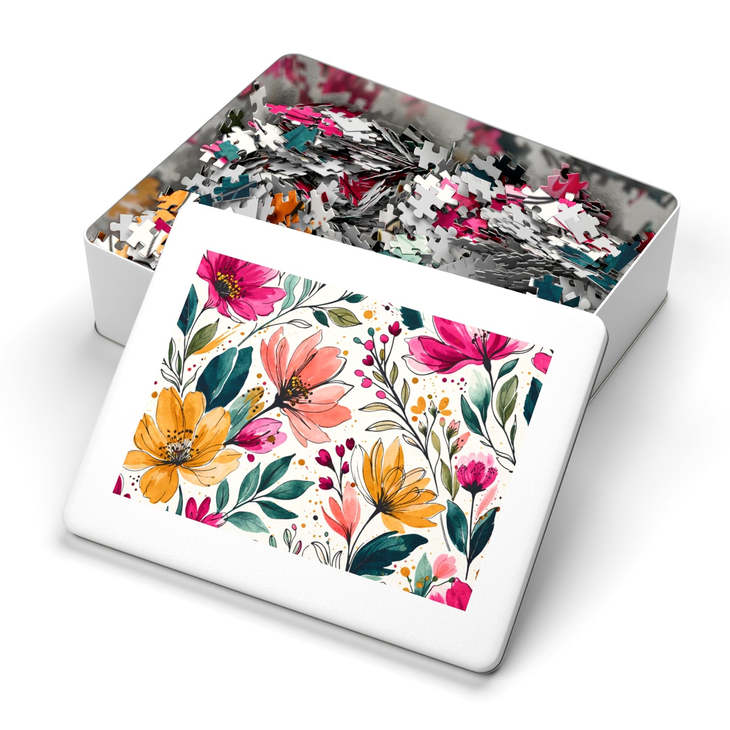 aModern Botanical Wildflower Pattern – Splatter Bloom Collection – Puzzle & Tin Storage Box