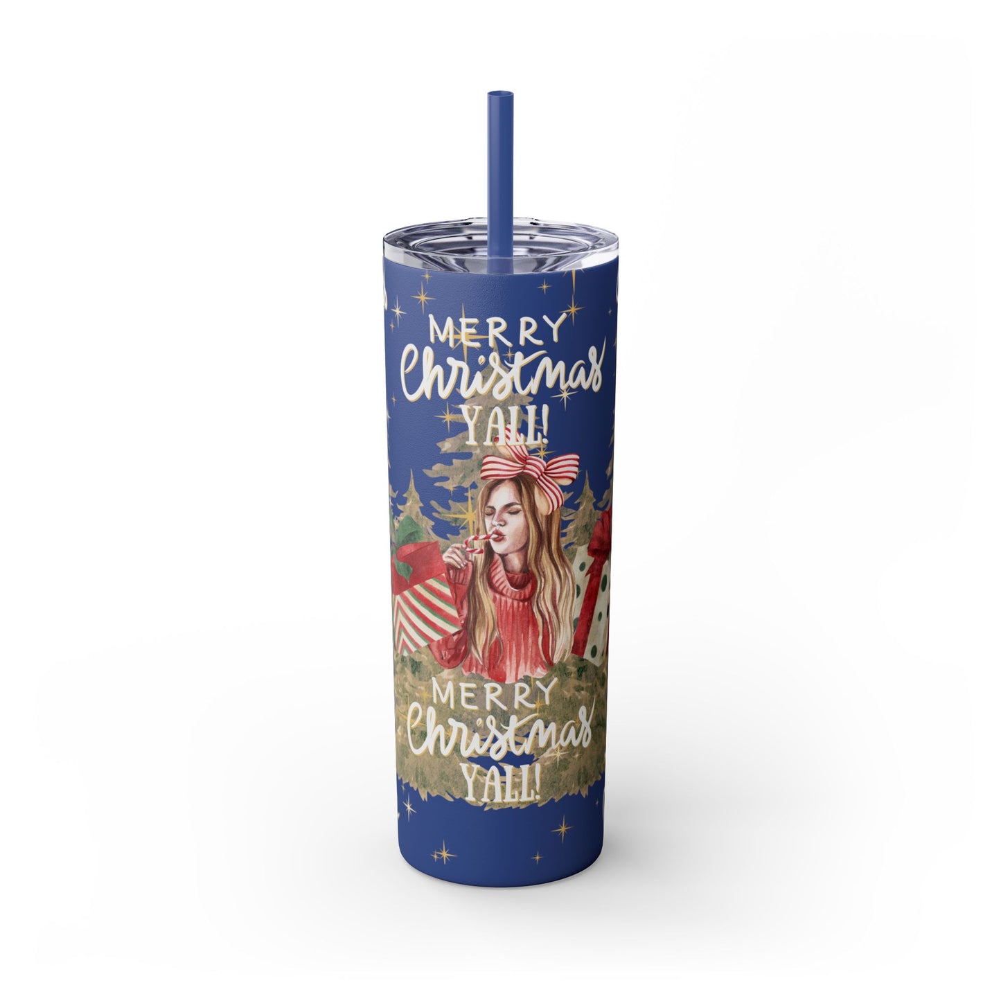 Christmas Skinny Tumbler with Straw, 20oz, "Merry Christmas Yall/I'm a gift"
