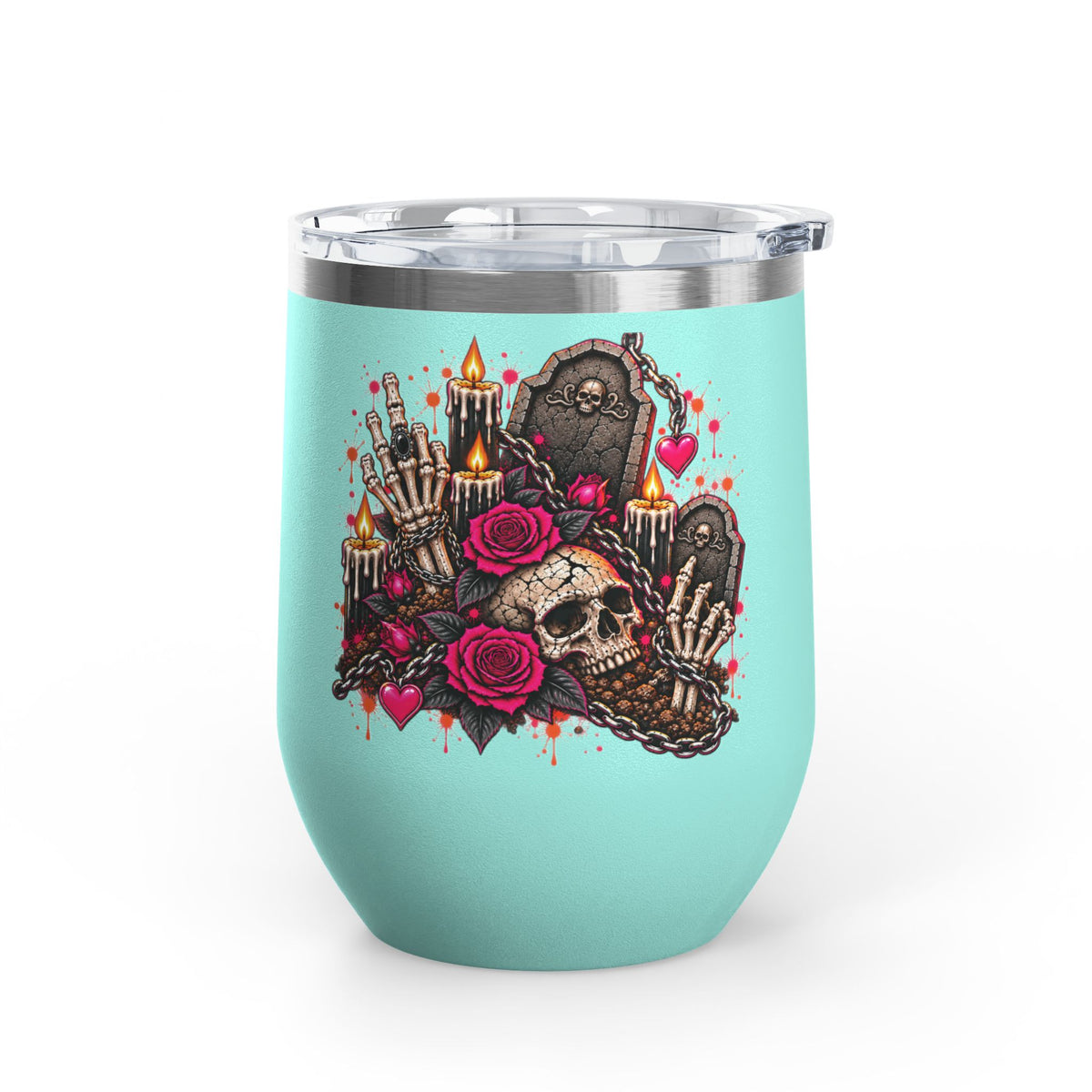 Dirt & Defiance 12oz Wine Tumbler | Gothic Skull & Coffin Stainless Steel Cup by Subbin4Sanity