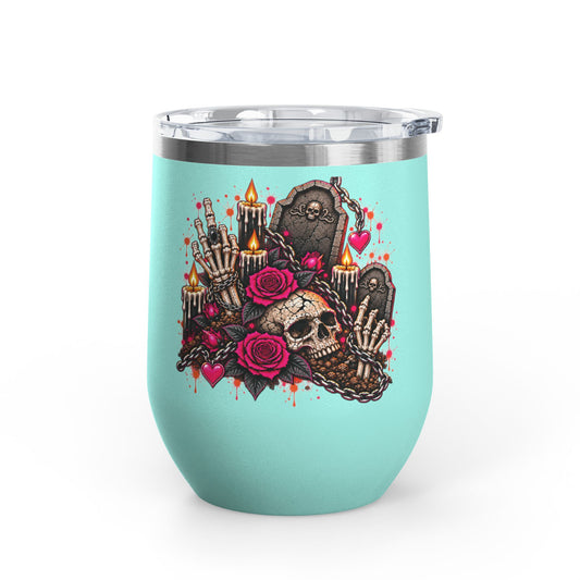 Dirt & Defiance 12oz Wine Tumbler | Gothic Skull & Coffin Stainless Steel Cup by Subbin4Sanity
