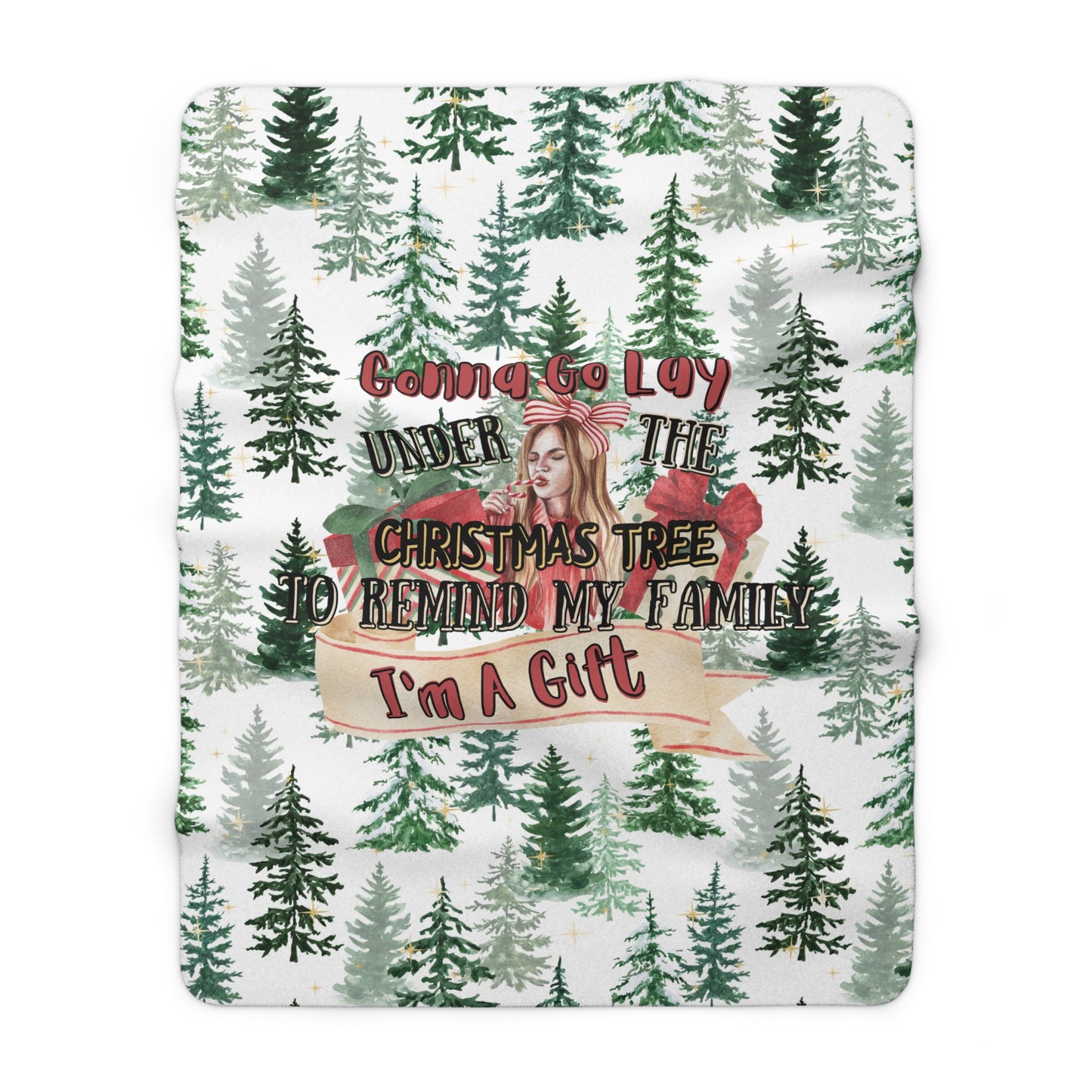 White Christmas sherpa fleece blanket with funny holiday quote and tree pattern