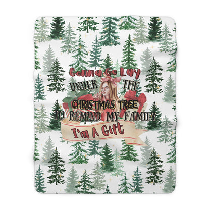 White Christmas sherpa fleece blanket with funny holiday quote and tree pattern